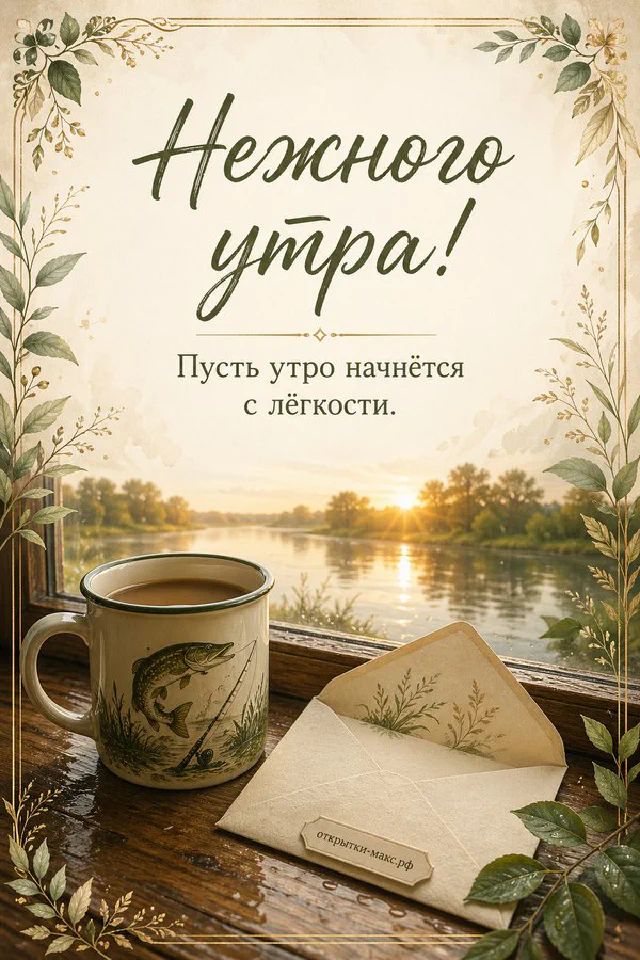 Розовая фарфоровая чашка чая на блюдце, тарелочка с макарунами и бумажный букет у окна в пастельной гамме — вариант 2