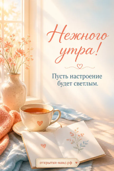 Чашка чая на блюдце рядом с вазой полевых цветов у окна с мягким утренним светом и надписью «Нежного утра»