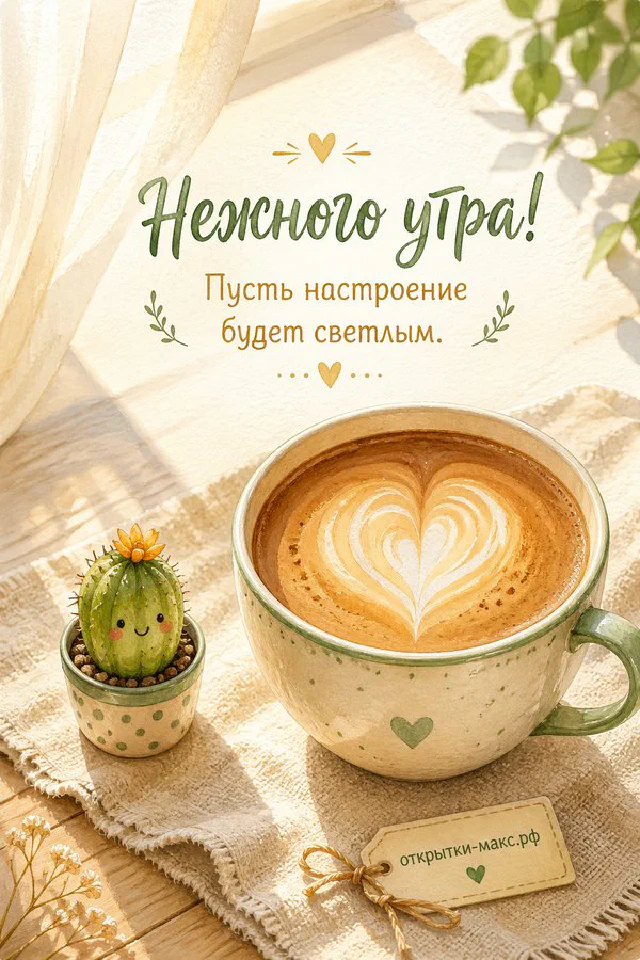 Чашка чая на блюдце рядом с вазой полевых цветов у окна с мягким утренним светом и надписью «Нежного утра» — вариант 2