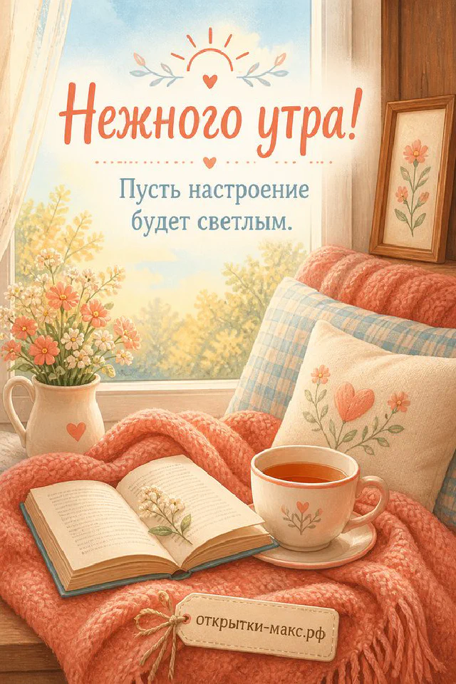 Чашка чая на блюдце рядом с вазой полевых цветов у окна с мягким утренним светом и надписью «Нежного утра» — вариант 3