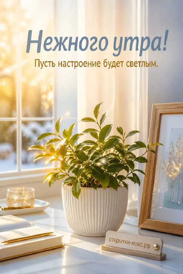Чашка чая на блюдце рядом с вазой полевых цветов у окна с мягким утренним светом и надписью «Нежного утра» — вариант 7