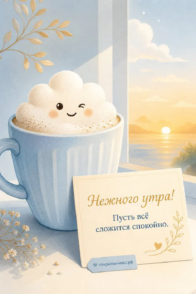 Розовая чашка чая, пара пастельных макарунов и букет из розовых роз с гипсофилой — открытка Нежного утра — вариант 2