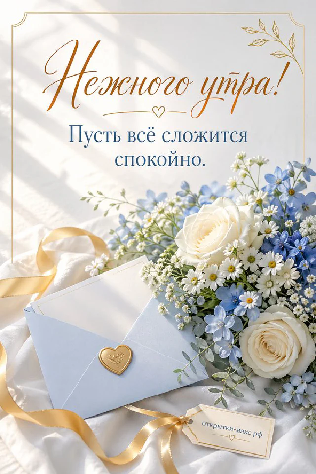 Розовая чашка чая, пара пастельных макарунов и букет из розовых роз с гипсофилой — открытка Нежного утра — вариант 4