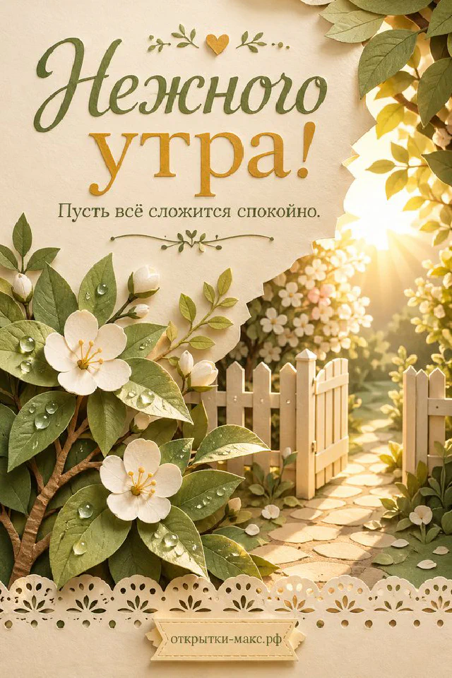 Розовая чашка чая, пара пастельных макарунов и букет из розовых роз с гипсофилой — открытка Нежного утра — вариант 8