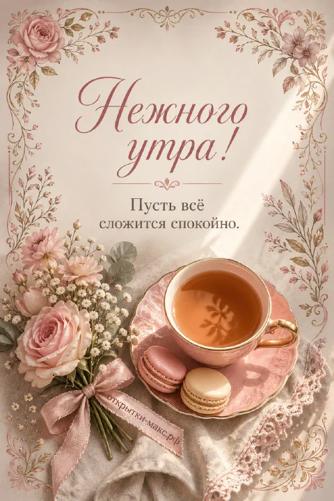 Розовая чашка чая, пара пастельных макарунов и букет из розовых роз с гипсофилой — открытка Нежного утра
