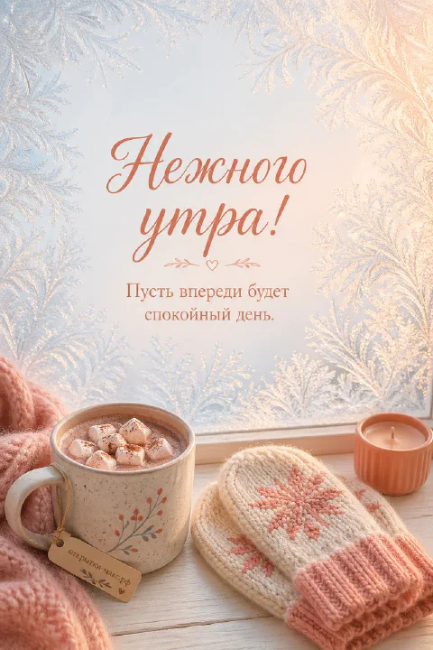 Открытка «Нежного утра» с кружкой какао с маршмеллоу, вязаными варежками и свечой у морозного окна
