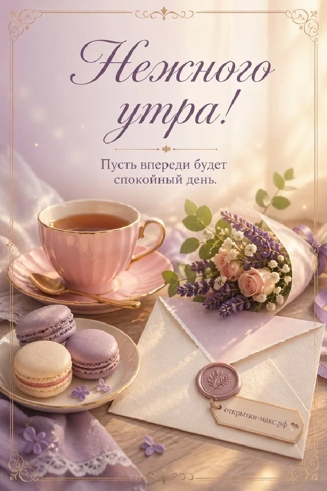 Открытка «Нежного утра» с кружкой какао с маршмеллоу, вязаными варежками и свечой у морозного окна — вариант 2