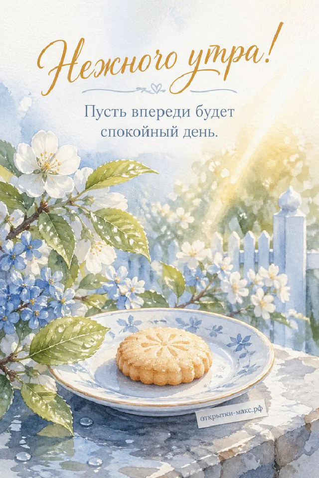 Открытка «Нежного утра» с кружкой какао с маршмеллоу, вязаными варежками и свечой у морозного окна — вариант 3