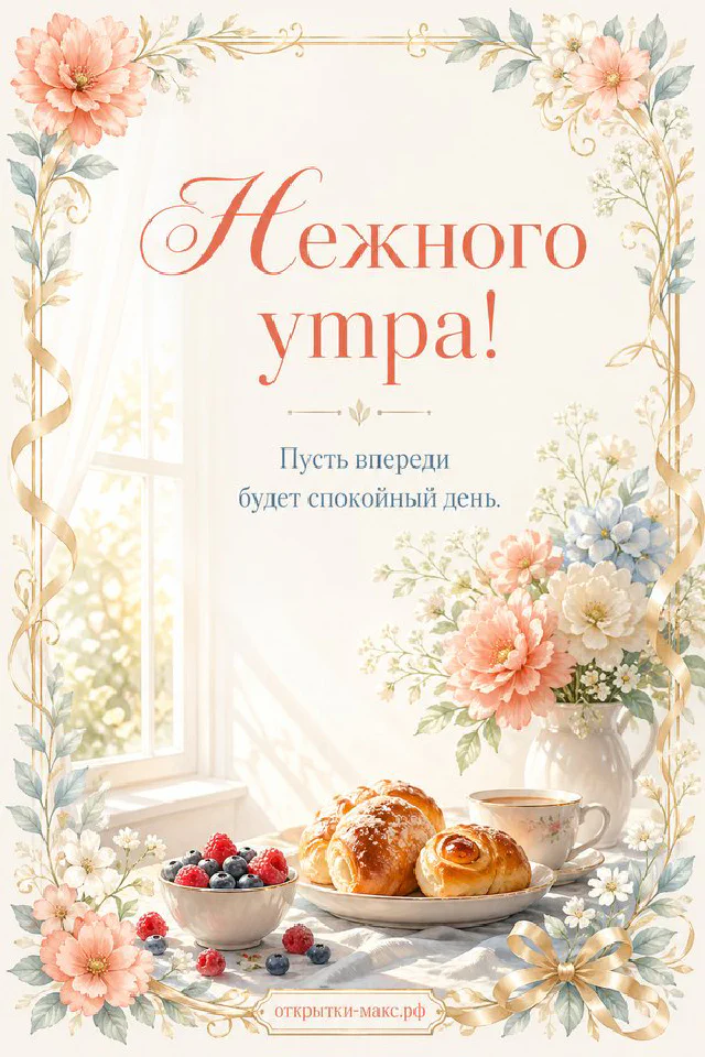 Открытка «Нежного утра» с кружкой какао с маршмеллоу, вязаными варежками и свечой у морозного окна — вариант 5