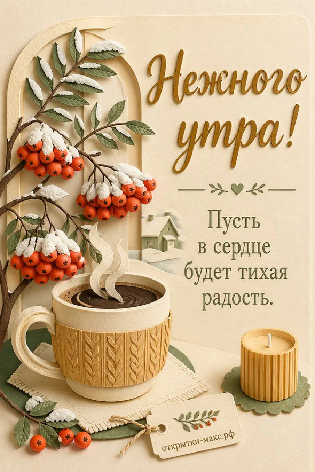 Кружка какао с маршмеллоу рядом с вязаными варежками у окна с морозным узором — вариант 3