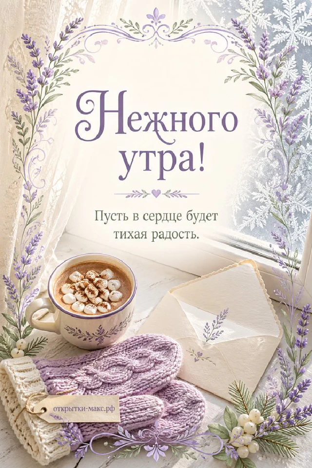 Кружка какао с маршмеллоу рядом с вязаными варежками у окна с морозным узором — вариант 6