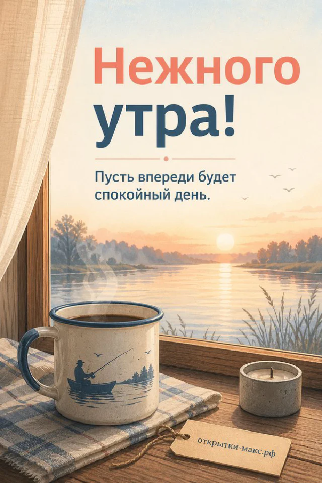 Открытка «Нежного утра» с кружкой какао с маршмеллоу, вязаными варежками и свечой у морозного окна — вариант 4