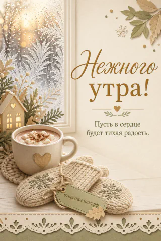 Кружка какао с маршмеллоу рядом с вязаными варежками у окна с морозным узором