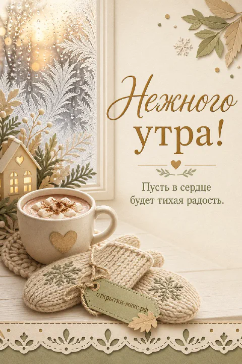Кружка какао с маршмеллоу рядом с вязаными варежками у окна с морозным узором