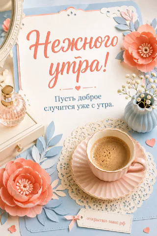 Открытка «Нежного утра» с чашкой кофе, бумажными коралловыми цветами, бирюзовой вазой и парфюмом на туалетном столике