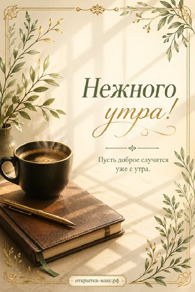 Открытка «Нежного утра» с чашкой кофе, бумажными коралловыми цветами, бирюзовой вазой и парфюмом на туалетном столике — вариант 3