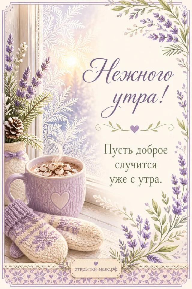 Открытка «Нежного утра» с чашкой кофе, бумажными коралловыми цветами, бирюзовой вазой и парфюмом на туалетном столике — вариант 4