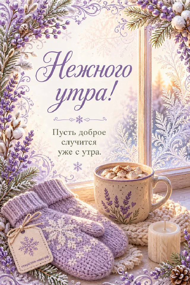 Открытка «Нежного утра» с чашкой кофе, бумажными коралловыми цветами, бирюзовой вазой и парфюмом на туалетном столике — вариант 2