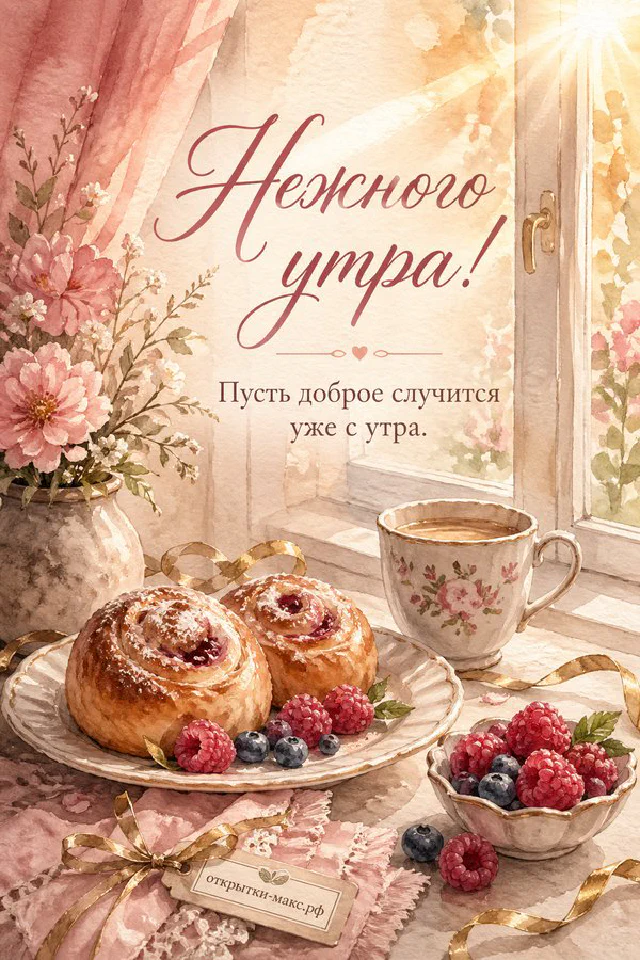 Открытка «Нежного утра» с чашкой кофе, бумажными коралловыми цветами, бирюзовой вазой и парфюмом на туалетном столике — вариант 5