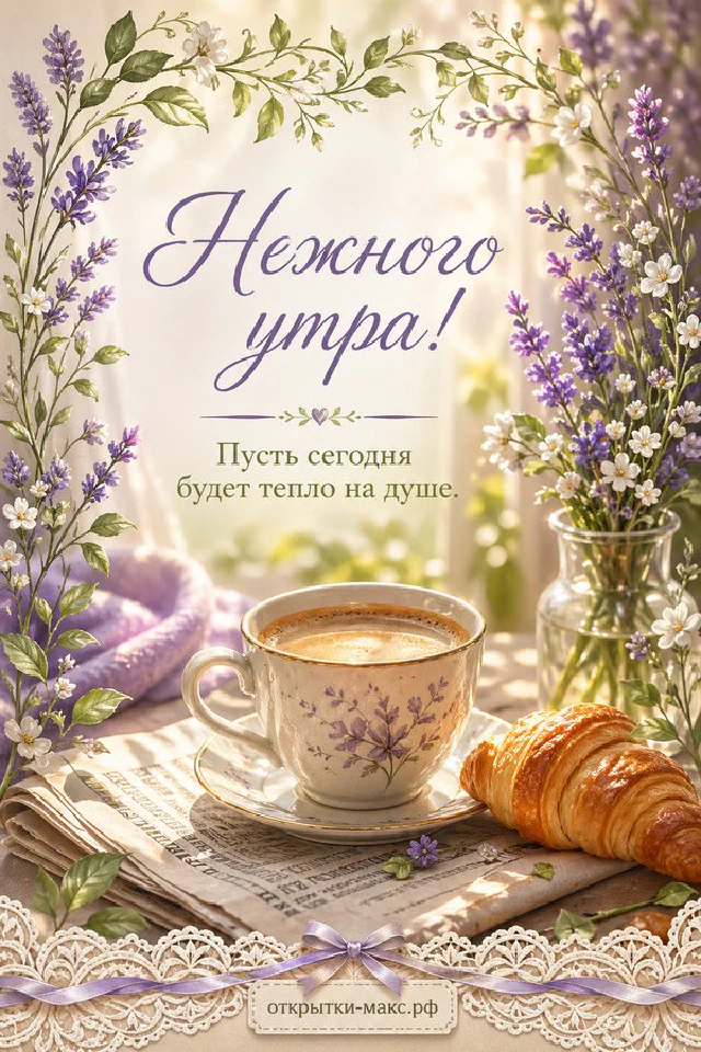 Чашка кофе, круассан, утренняя газета и нежные розовые цветы на кружевной салфетке — открытка Нежного утра — вариант 6