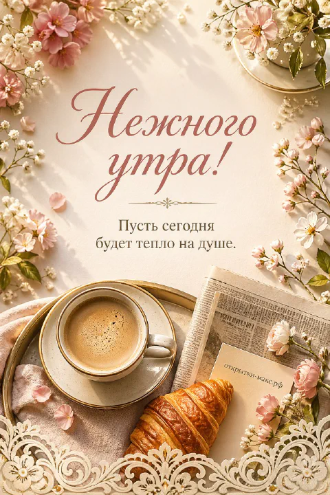 Чашка кофе, круассан, утренняя газета и нежные розовые цветы на кружевной салфетке — открытка Нежного утра
