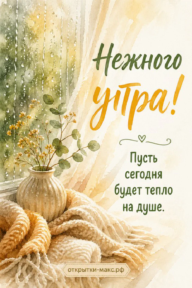 Чашка кофе, круассан, утренняя газета и нежные розовые цветы на кружевной салфетке — открытка Нежного утра — вариант 2