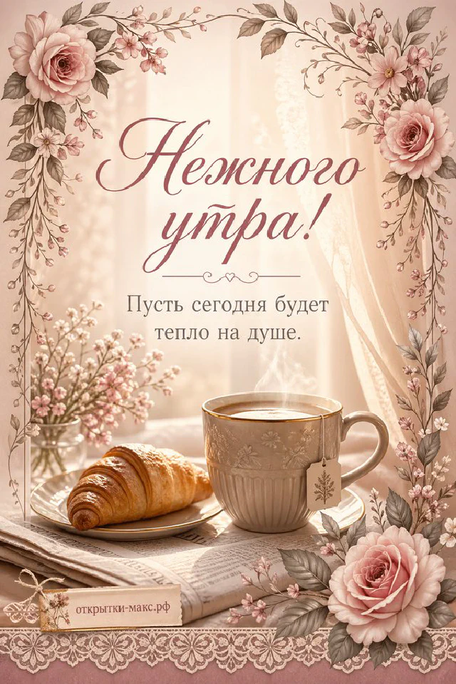 Чашка кофе, круассан, утренняя газета и нежные розовые цветы на кружевной салфетке — открытка Нежного утра — вариант 4