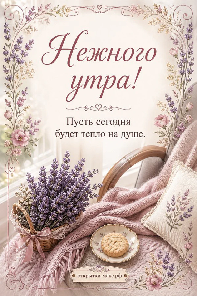 Чашка кофе, круассан, утренняя газета и нежные розовые цветы на кружевной салфетке — открытка Нежного утра — вариант 5