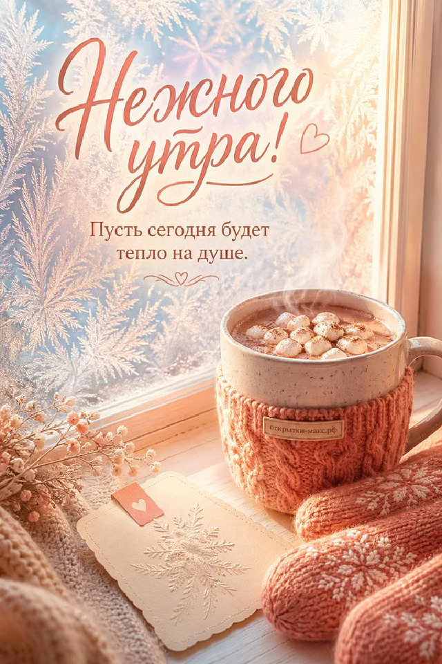 Чашка кофе, круассан, утренняя газета и нежные розовые цветы на кружевной салфетке — открытка Нежного утра — вариант 7