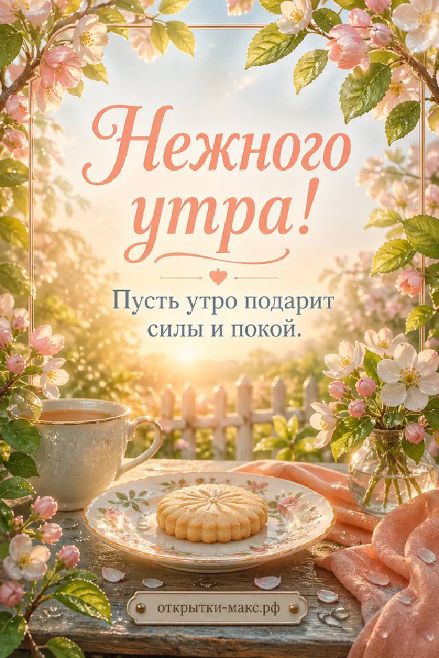 Чашка кофе и зажжённая свеча у окна с зимним пейзажем, акварель, надпись «Нежного утра» — вариант 3