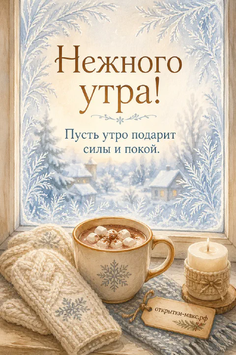 Чашка кофе и зажжённая свеча у окна с зимним пейзажем, акварель, надпись «Нежного утра»