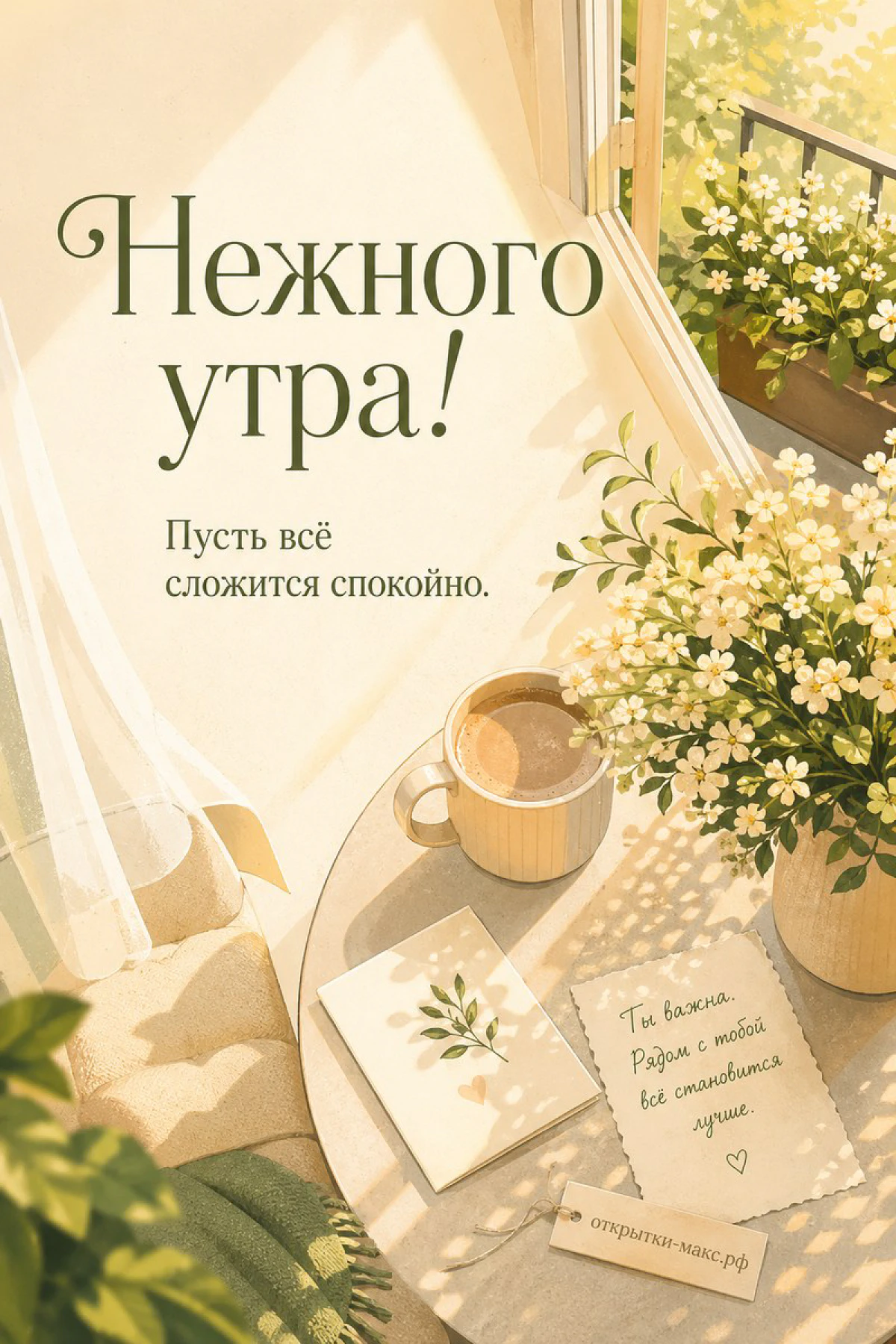 Кофе и дневник с запиской «Ты важна» на столе у окна с белыми цветами в солнечном свете