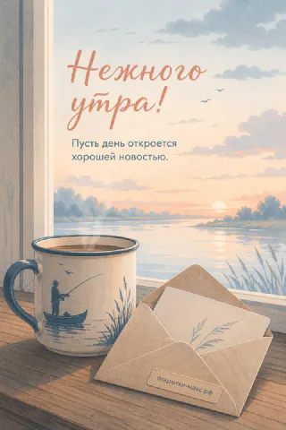 Чашка кофе и сложенный конверт на светлом столе, акварель, надпись «Нежного утра»