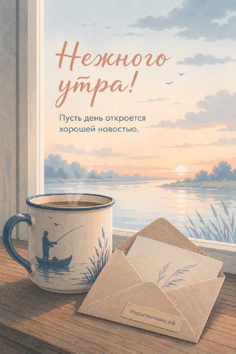 Чашка кофе и сложенный конверт на светлом столе, акварель, надпись «Нежного утра»