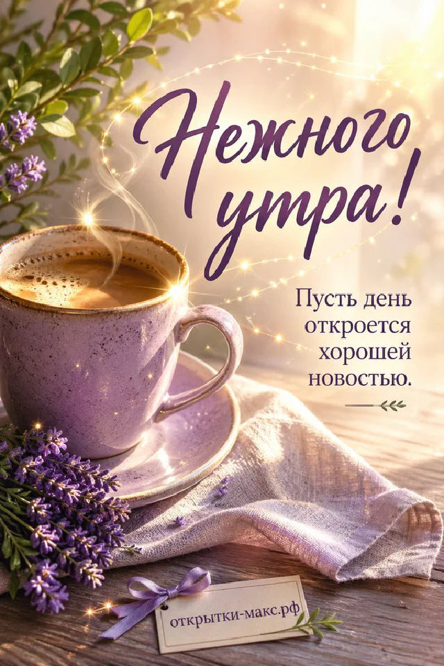Чашка кофе и сложенный конверт на светлом столе, акварель, надпись «Нежного утра» — вариант 2