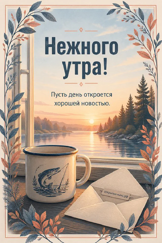 Чашка кофе и сложенный конверт на светлом столе, акварель, надпись «Нежного утра» — вариант 3