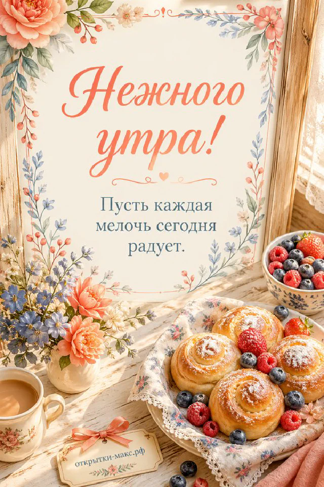 Полосатый кот сидит на подоконнике у открытого окна, за которым синички и цветущая ветка, рядом букет ромашек и чашка чая — вариант 2