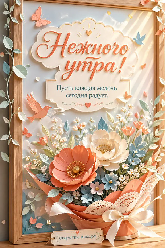 Полосатый кот сидит на подоконнике у открытого окна, за которым синички и цветущая ветка, рядом букет ромашек и чашка чая — вариант 6