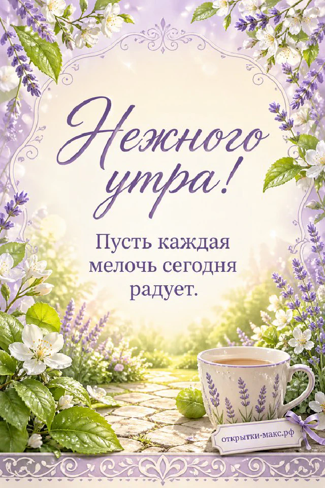 Полосатый кот сидит на подоконнике у открытого окна, за которым синички и цветущая ветка, рядом букет ромашек и чашка чая — вариант 8