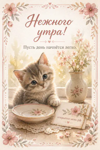 Акварельная открытка «Нежного утра» с серым полосатым котёнком, тарелкой молока и букетом в вазе