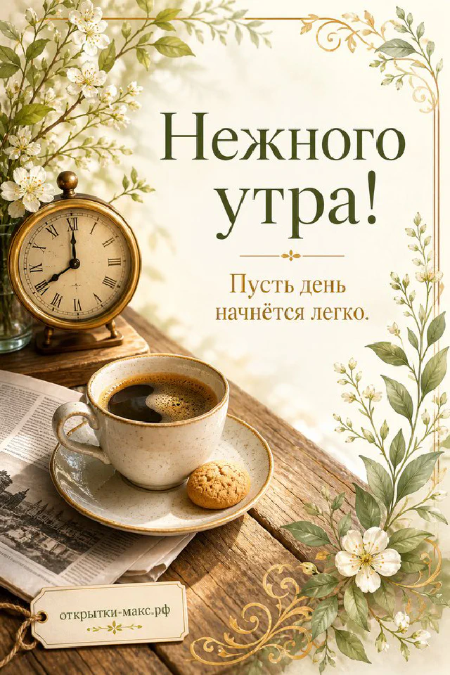 Акварельная открытка «Нежного утра» с серым полосатым котёнком, тарелкой молока и букетом в вазе — вариант 2