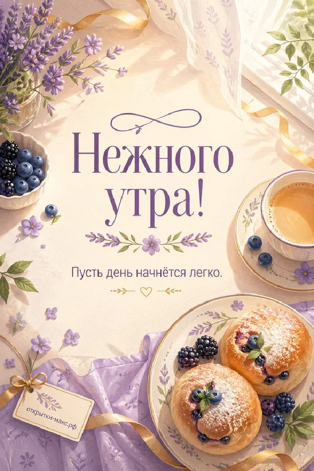 Акварельная открытка «Нежного утра» с серым полосатым котёнком, тарелкой молока и букетом в вазе — вариант 3