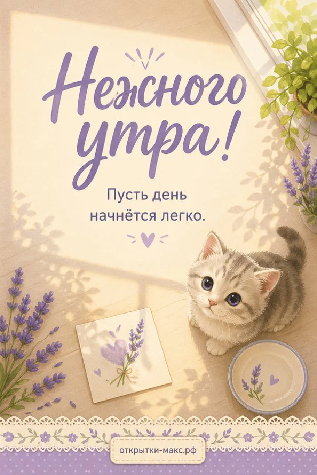 Акварельная открытка «Нежного утра» с серым полосатым котёнком, тарелкой молока и букетом в вазе — вариант 4