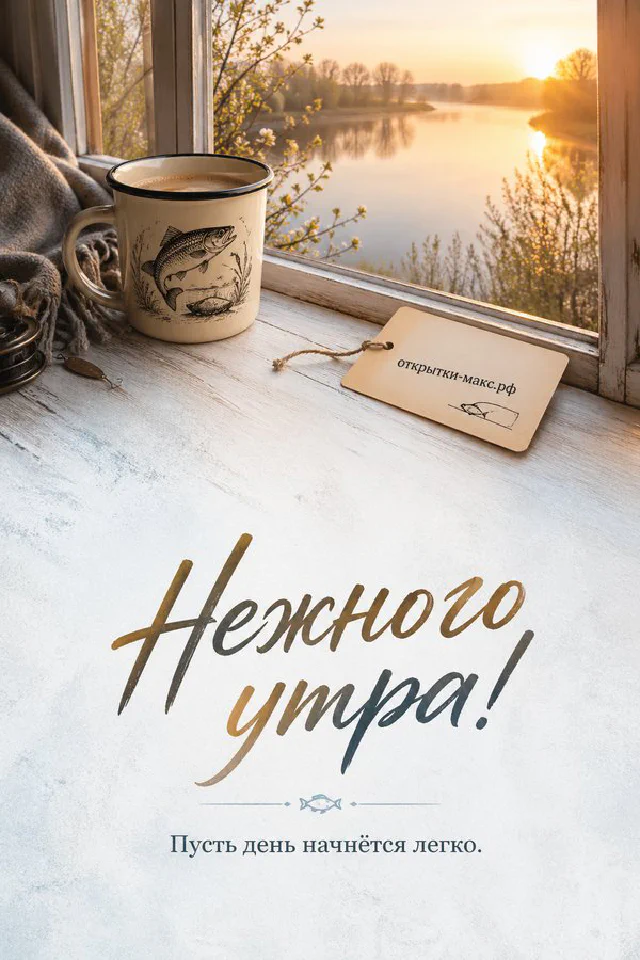 Акварельная открытка «Нежного утра» с серым полосатым котёнком, тарелкой молока и букетом в вазе — вариант 5