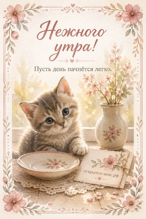 Акварельная открытка «Нежного утра» с серым полосатым котёнком, тарелкой молока и букетом в вазе