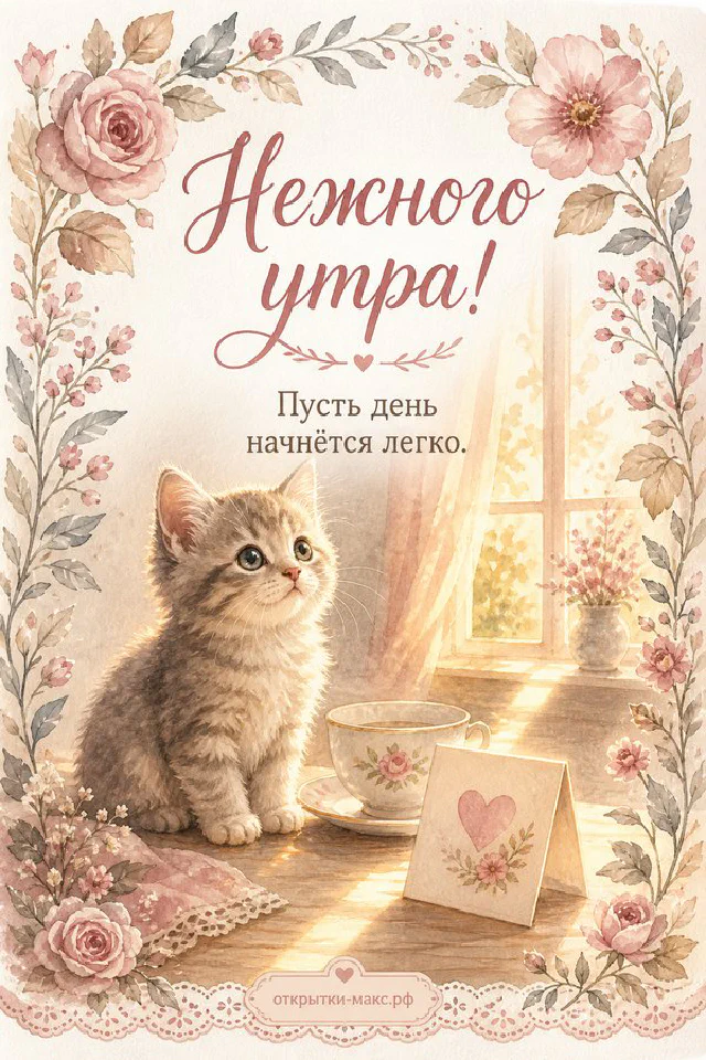 Акварельная открытка «Нежного утра» с серым полосатым котёнком, тарелкой молока и букетом в вазе — вариант 6