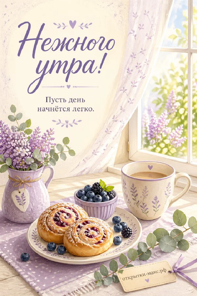 Акварельная открытка «Нежного утра» с серым полосатым котёнком, тарелкой молока и букетом в вазе — вариант 7
