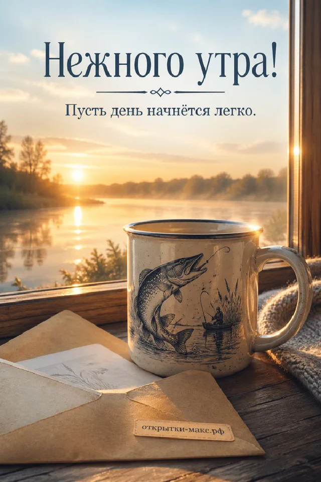 Акварельная открытка «Нежного утра» с серым полосатым котёнком, тарелкой молока и букетом в вазе — вариант 8