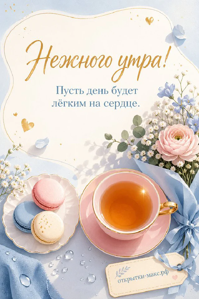 Букет сиреневых и кремовых роз с веточками лаванды на льняной ткани, надпись «Нежного утра!» — вариант 7