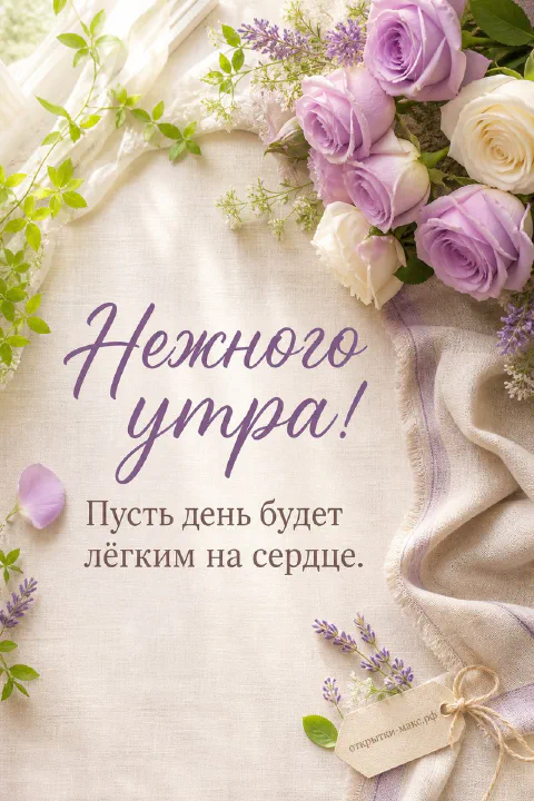Букет сиреневых и кремовых роз с веточками лаванды на льняной ткани, надпись «Нежного утра!»